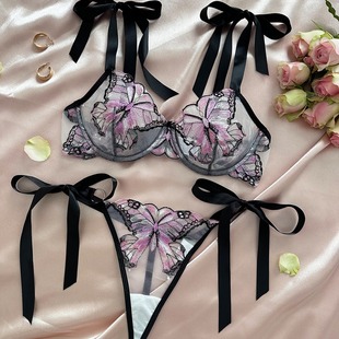 Carjianuo cross-border foreign trade hot new butterfly embroidery sling transparent mesh seductive girl sexy suit