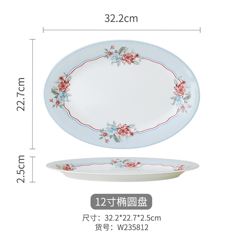 Flores románticas de alto valor de hueso de porcelana platos de cubierta casados nuevos cubiertos de cerámica esmaltados platos de platos de comedor occidentales de color plano