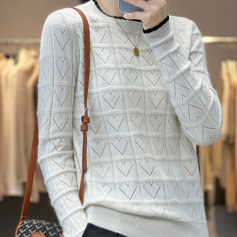 Autumn and Winter 2024 New Pure Wool Lace Collar Knitted Sweater Hollow Crochet Color Matching Loose All-match Base Shirt for Women