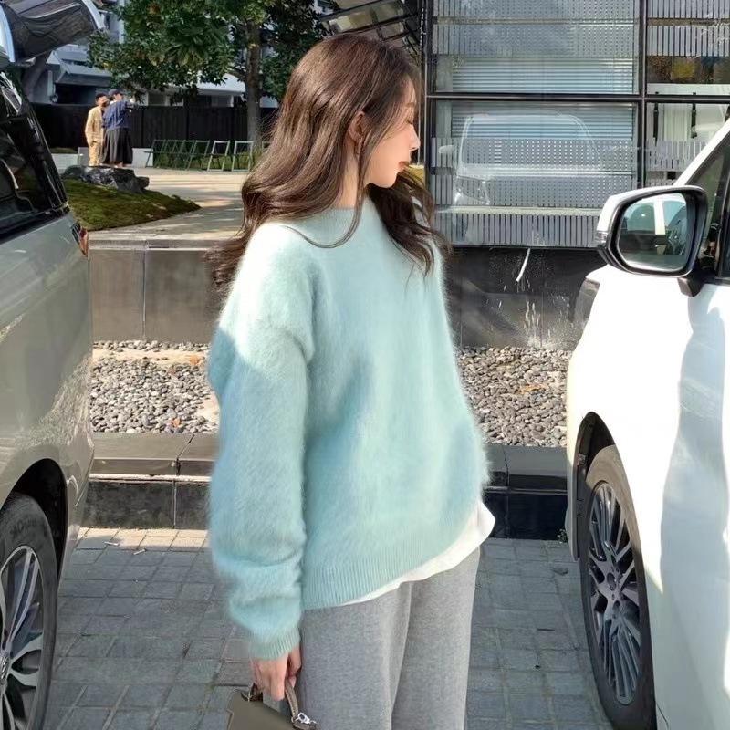 韩版秋冬新款炸街小众圆领毛衣女薄荷绿海马毛温柔针织衫外穿上衣|undefined