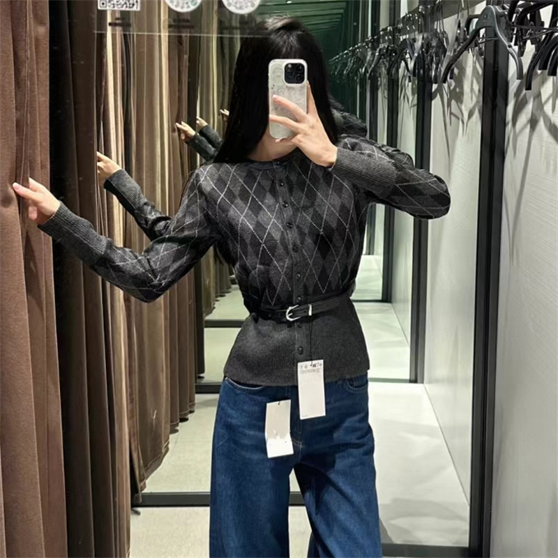 Foreign trade wholesale 2024 ZA series sweet with belt rhombus long sleeve knitted cardigan top 2756116