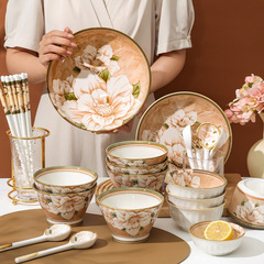 日本式ツバキの花の碗の皿のセットの高い顔の値の釉薬の下で彩の陶磁器の食器の卸売りの碗の皿のセットの贈り物の食器