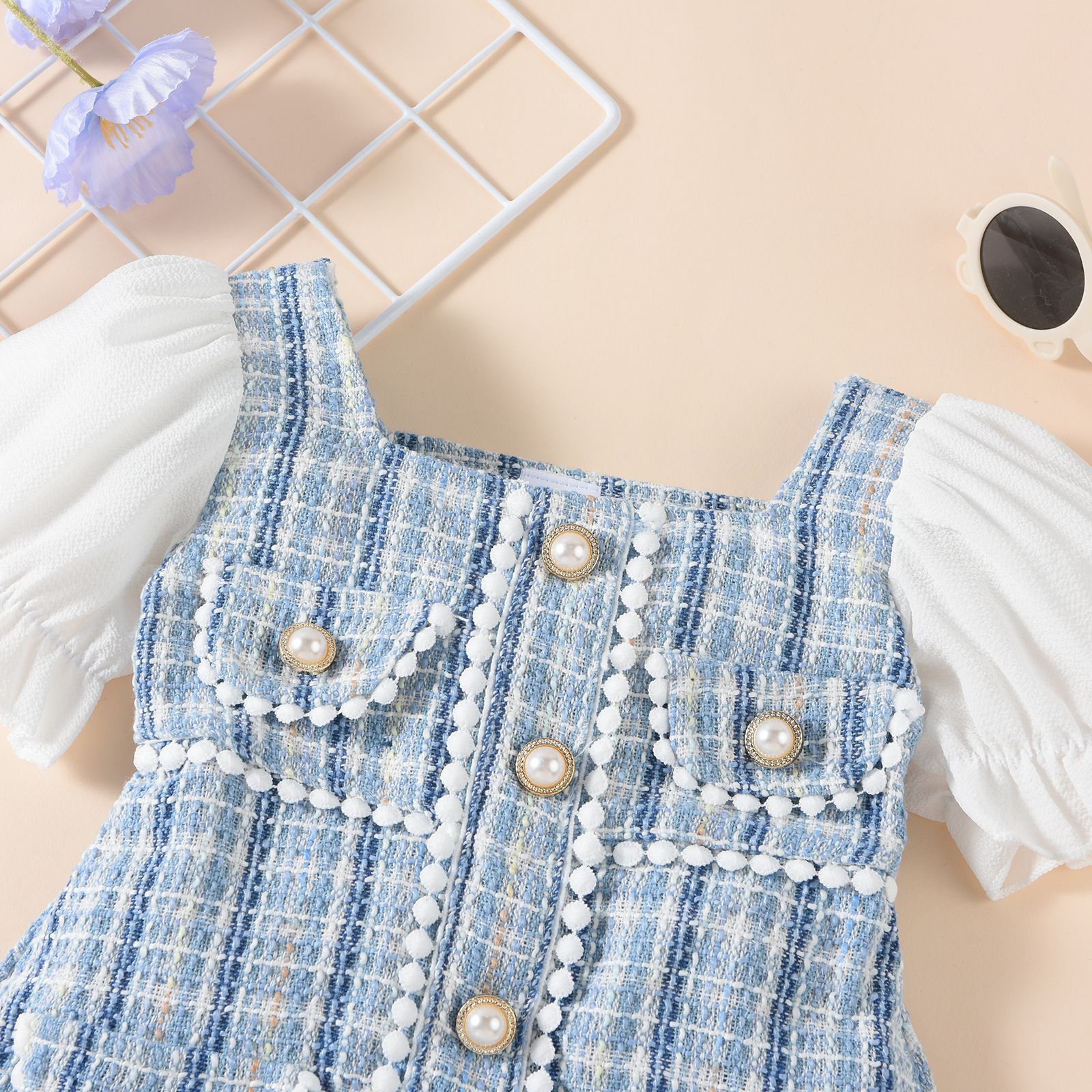 Baoshi dětské oblečení letní horký styl malý voňavý vítr hrubý kostkovaný perlový přezkový dekorace sešité bubliny_voghion.com