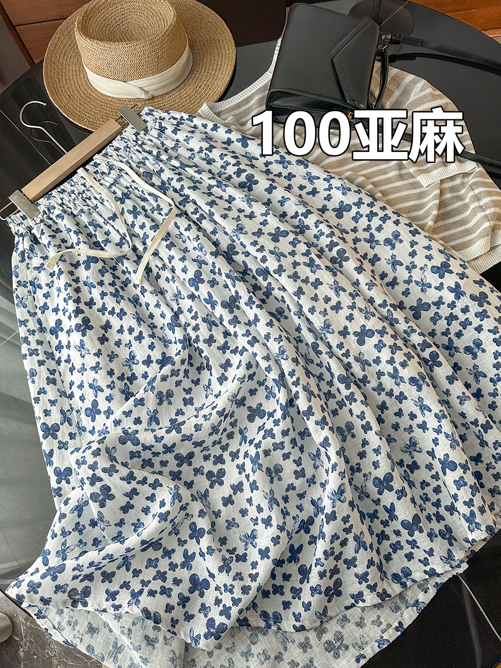 JIN口法国亚麻~深浅蝴蝶兰印花清新飘逸亚麻半身裙女夏