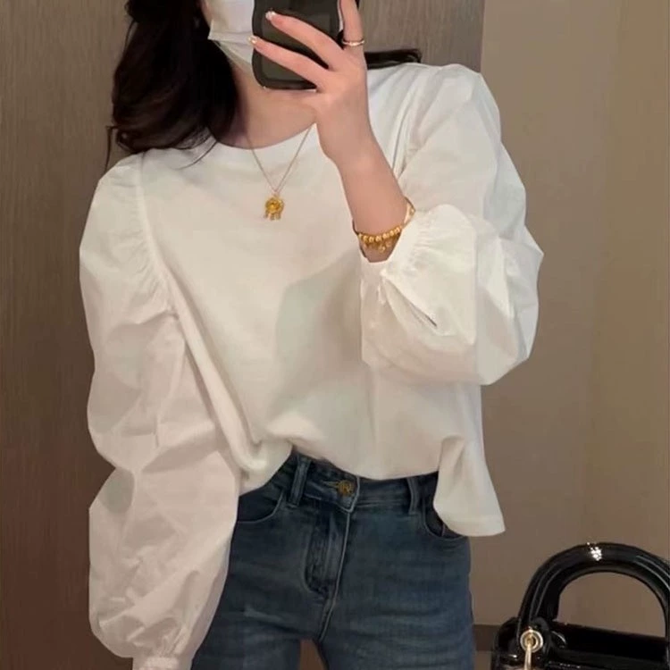 Женская футболка с длинным рукавом, осень 2025, новая осенняя одежда, свободный крой, модный пышный рукав