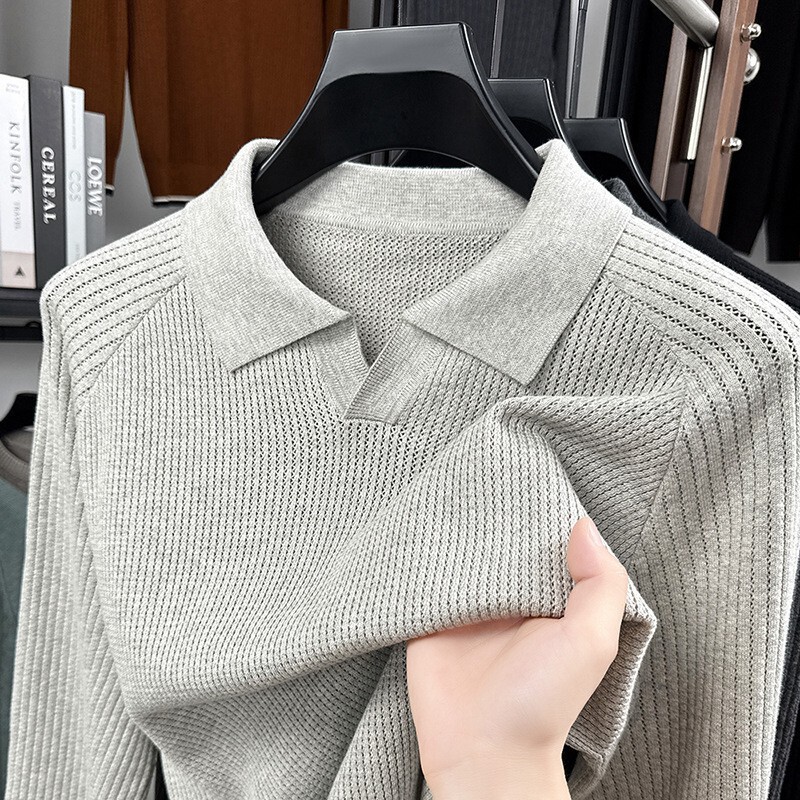 Pure Cotton Long-Sleeve Knit Polo Shirt for Men, Spring and Autumn Trendy Versatile Scissor Collar Base Shirt, Stylish Top