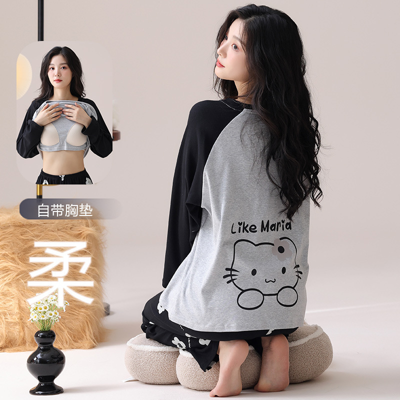 [Pure Cotton] 40 Double-sided Pajamas Women with Chest Pad Spring, Autumn and Winter Long Sleeve Home Clothes suit Chic Cartoon