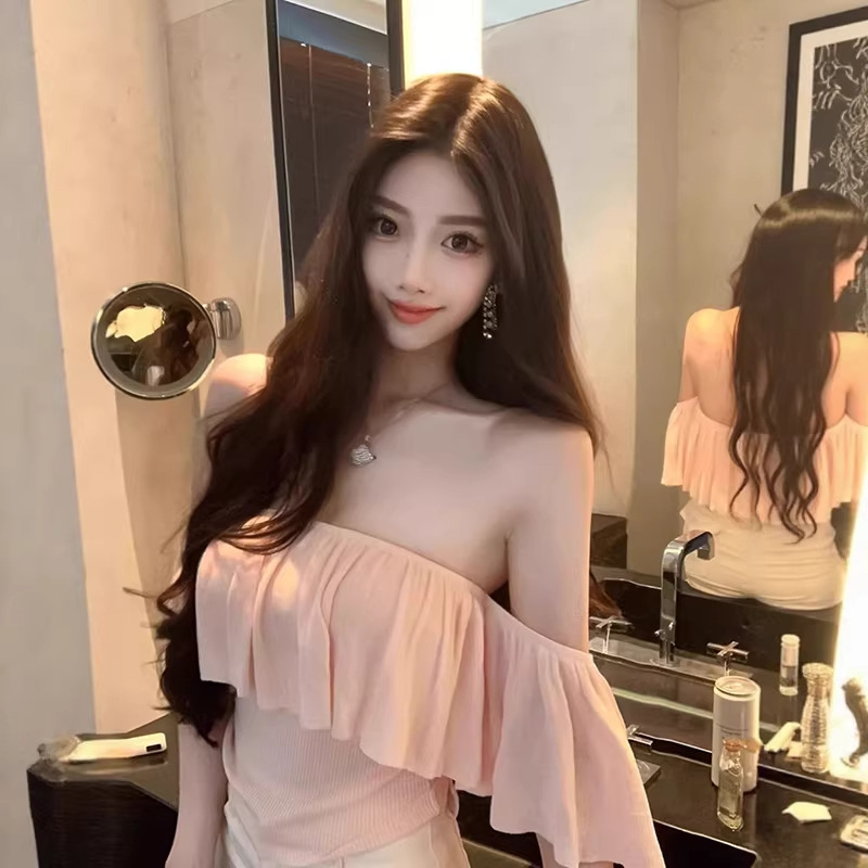 Summer Korean-Style Pure Desire Style Short Slim-Fit Off-Shoulder Top with Pink Ruffles and One-Shoulder T-Shirt for Women