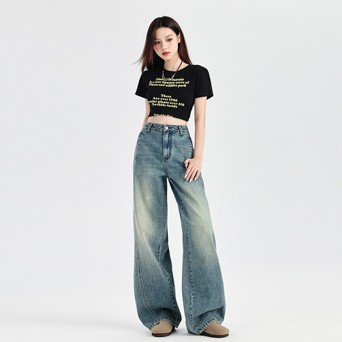 Amazon AliExpress Mary 2024 American Retro Curved Knife Design Embroidered Denim Jeans for Women Loose Wide Leg