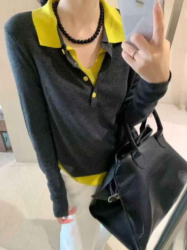 复古撞色拼接长袖针织衫女2025秋季韩版气质显瘦百搭打底衫上衣服|undefined