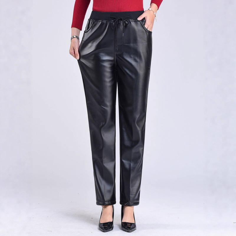 Women's Leather Pants for Middle-Aged and Elderly, Winter Style, High-Waisted, Loose Fit, Plus Size, Fleece-Lined, Thickened, Waterproof, Spring and Autumn, Mom's Leather Work Pants