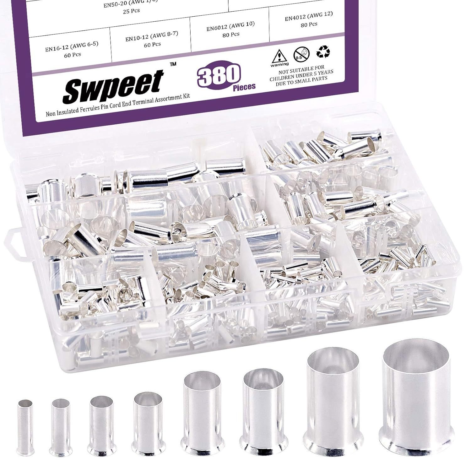 Swpeet 380Pcs 8 Sizes Wire Copper Crimp Fitting Ferrules Ass