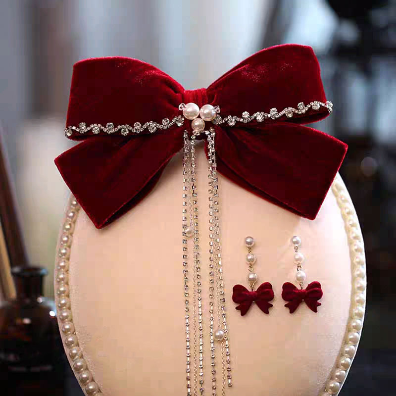 Velvet rojo gran abrazadera de cabello de arco de novia brindis de boda toque de cabeza conjunto de pendientes de compromiso de mujer temperamento de cabello