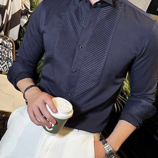 Cross-Border 2026 Spring New Men's Long-Sleeve Shirt with French Wing Collar, Court-Style Banquet Attire, Gentleman's Shirt, Groom's Clothing Cross-Border 2026 Spring New Men's Long-Sleeve Shirt with French Wing Collar, Court-Style Banquet Attire, Gentleman's Shirt, Groom's Clothing