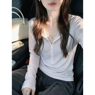粉色甜美风亨利领长袖T恤女早秋设计感蕾丝拼接收腰显瘦打底上衣