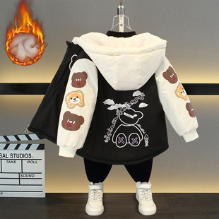 Children's Winter New Boys' fleece-lined Waist Warm Coat Coat Girls' Bear Print Hooded Cotton-padded Jacket Fashion