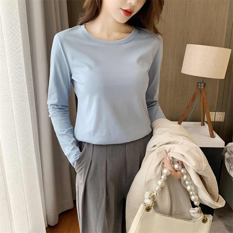 Double-Sided 80-Count Mercerized Cotton T-Shirt for Women, Long-Sleeved, Loose, Pure Cotton, Liquid Ammonia White Bottoming Shirt, Autumn Top for Outer Wear