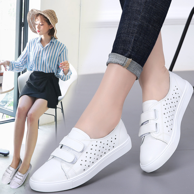 Cross-Border 2025 New Style White Leather Sneakers for Women with Velcro, Student Casual Shoes, Korean Version, Large Size, Flat Lazy Slip-On Low-Heeled Shoes for Women