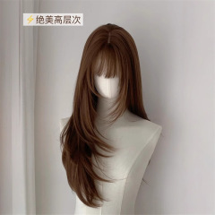 女性用栗リネンブラウンウィッグ、ロングヘア、エア前髪、ナチュラルデイリーユニバーサルコスフルヘッドギア