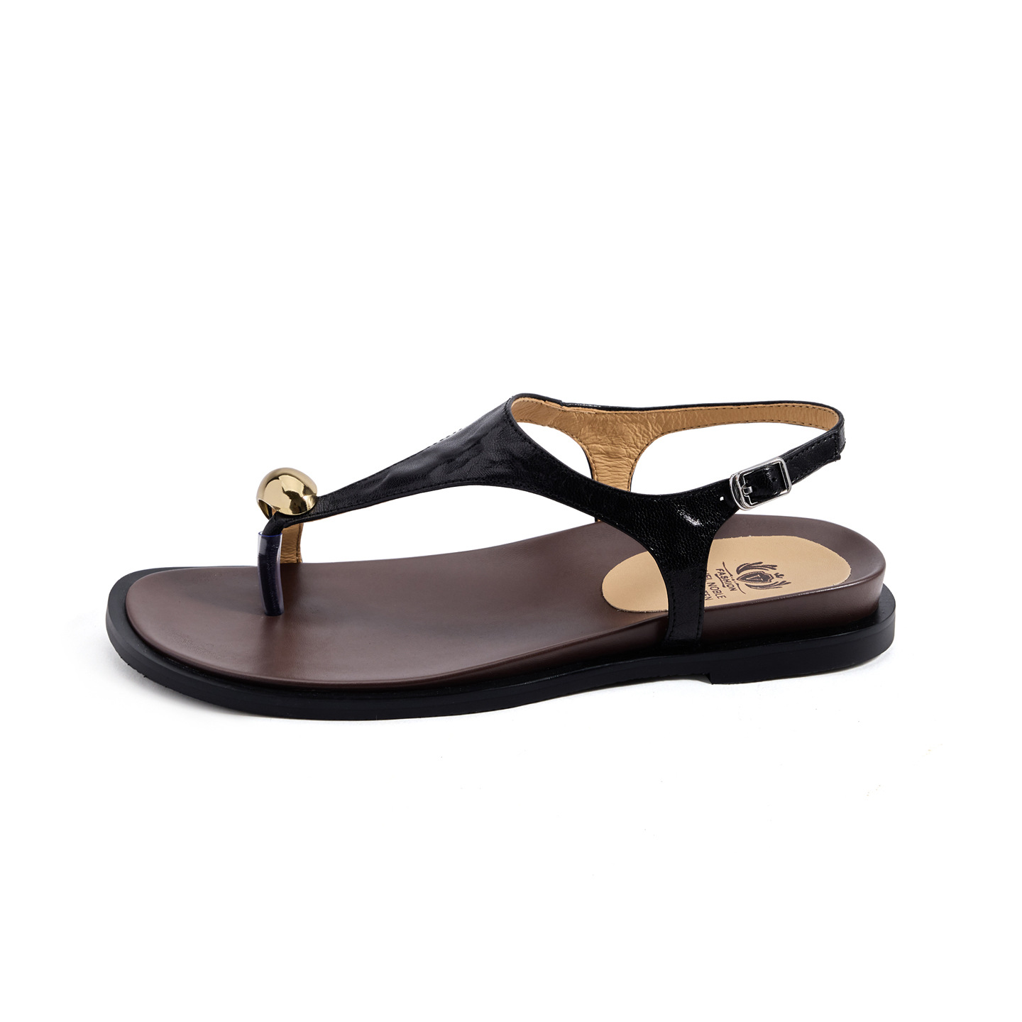 Dép sandal nữ xỏ ngón đế bệt da cừu khóa kim loại — màu nâu