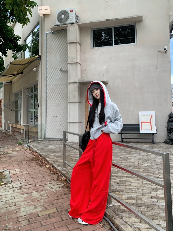 韩系运动风撞色连帽宽松长袖卫衣外套阔腿裤女2025秋季时尚套装潮|undefined