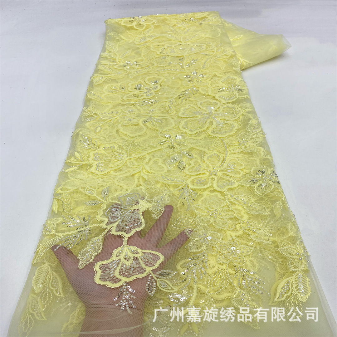 Lotus rosa bordado de encaje de burbuja porcelana pesada de Oriente Medio tela bordada de perlas blancas vestido de novia europea y americana tela bordada