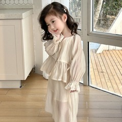 高級感名媛氣質女童套裝兒童2024夏季新款蕾絲袖襯衫闊腿褲兩件套