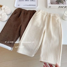 女童冬装休闲裤宝宝洋气儿童个性潮韩版加绒加厚麦穗纹时髦阔腿裤