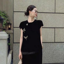 复古重工绣花钉珠上衣真丝丝绒拼真丝欧根纱小盖袖年轻衬衫不退换