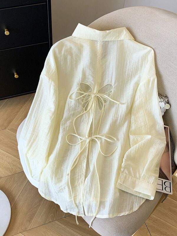 蓝色蝴蝶镂空系带防晒衬衫外套女夏2025新款宽松衬衣薄款外搭上衣|undefined