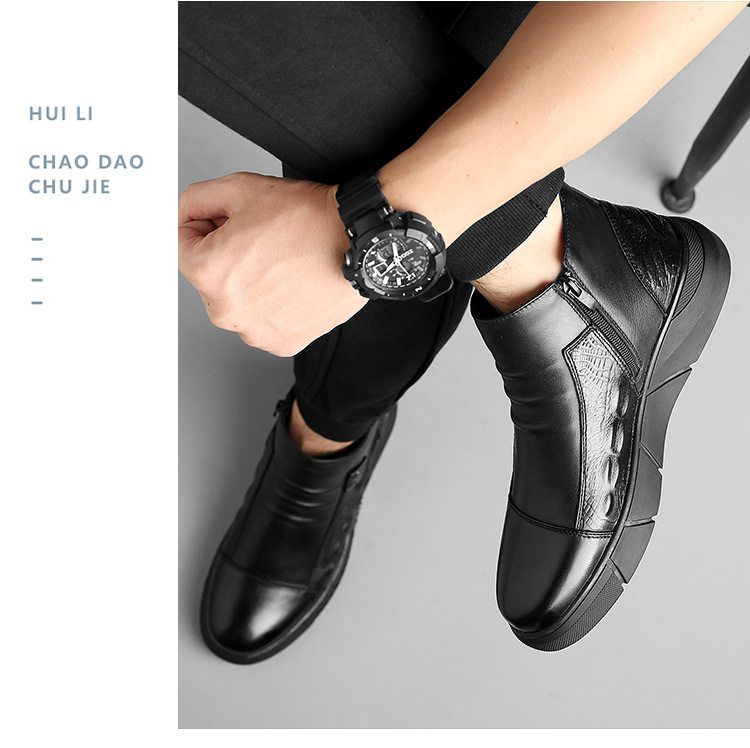 Giày bốt Martin nam cổ cao da bò lót bông giữ ấm chống trượt, gót thấp 1–3 cm — Màu đen đơn 5376, Bông đen 5376 chi tiết 18