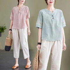 妈妈夏装棉麻套装洋气新款衣服母亲节中老年夏季短袖两件套上衣