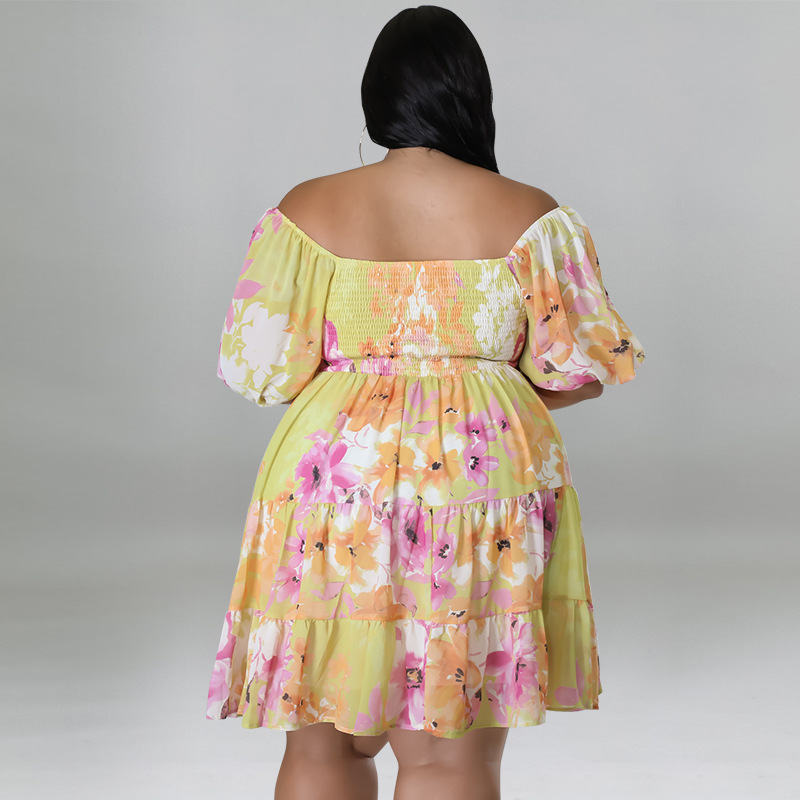Plus Size Off Shoulder Floral Dress With Puff Sleeves, Flowy Swing Midi Dress For Women_ecoleips.com