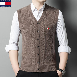 Tommy Autumn and Winter Middle-aged and Old Men's Wool Cardigan Vest Thin Waistcoat Knitted Vest Dad's Vest