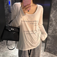 レイジースタイルレタープリント薄手長袖Tシャツレディース2025年夏新作微透けゆったり日焼け止めブラウストップ
