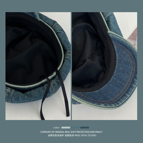 Japanese street retro large version denim octagonal hat women's spring and summer fashion trend big head circumference show face small painter hat trend