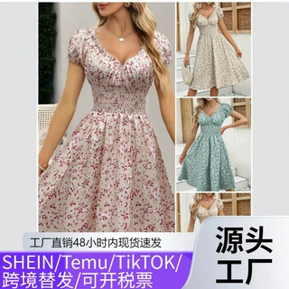 欧美女装独立站亚马逊跨境新款复古碎花泡泡袖法式连衣裙外贸