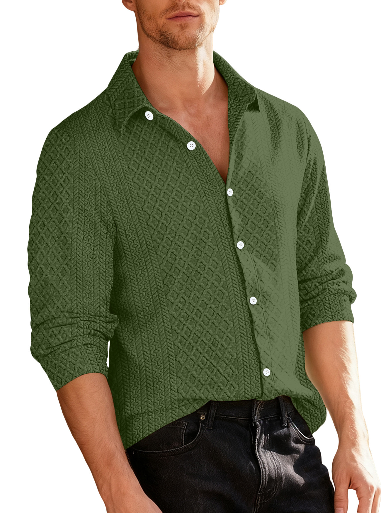 Europa y los Estados Unidos Amazon tejido flor simple botón casuales chaqueta deportiva de negocios hombre camisa transfronteriza de manga larga hombre