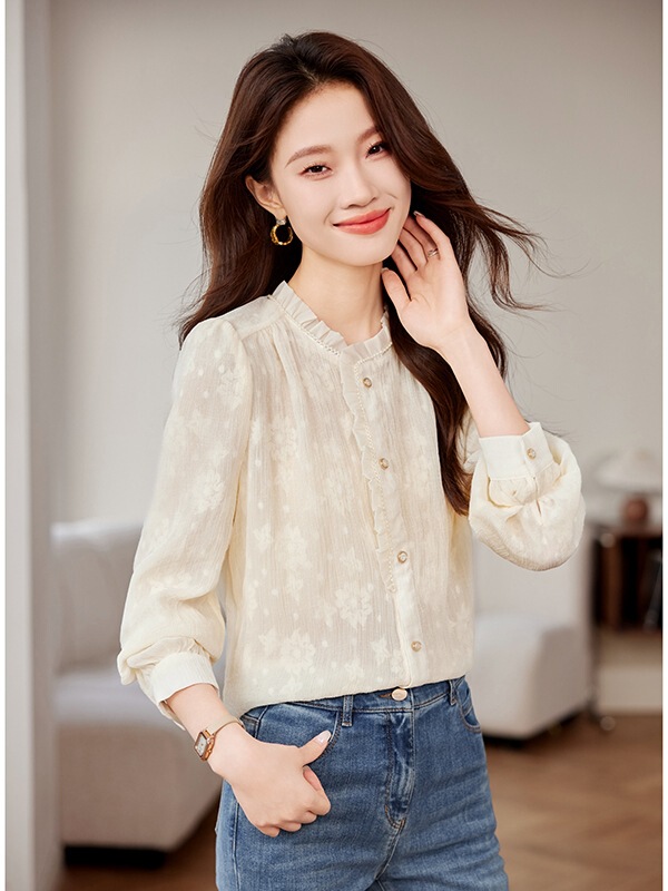2025 spring new women's long sleeve ruffled bead chain stand collar elegant lace shirt fashion straight top