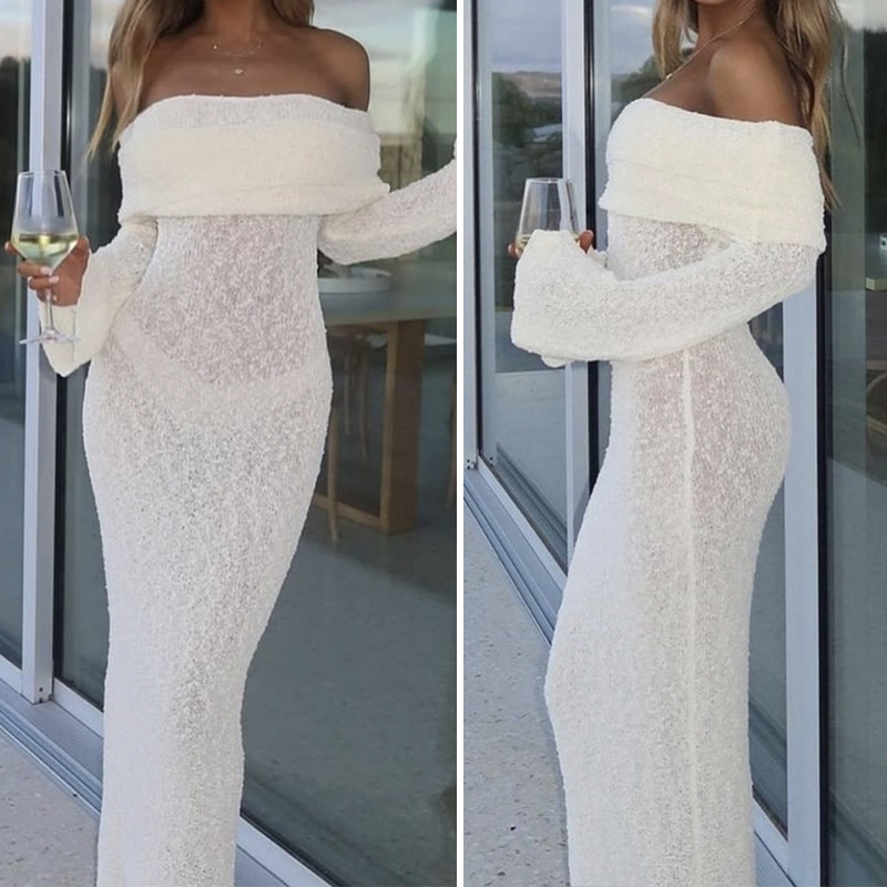 Cross-border AliExpress Amazon Explosions off-shoulder large lapel sexy hollow long sleeve vacation long beach vacation
