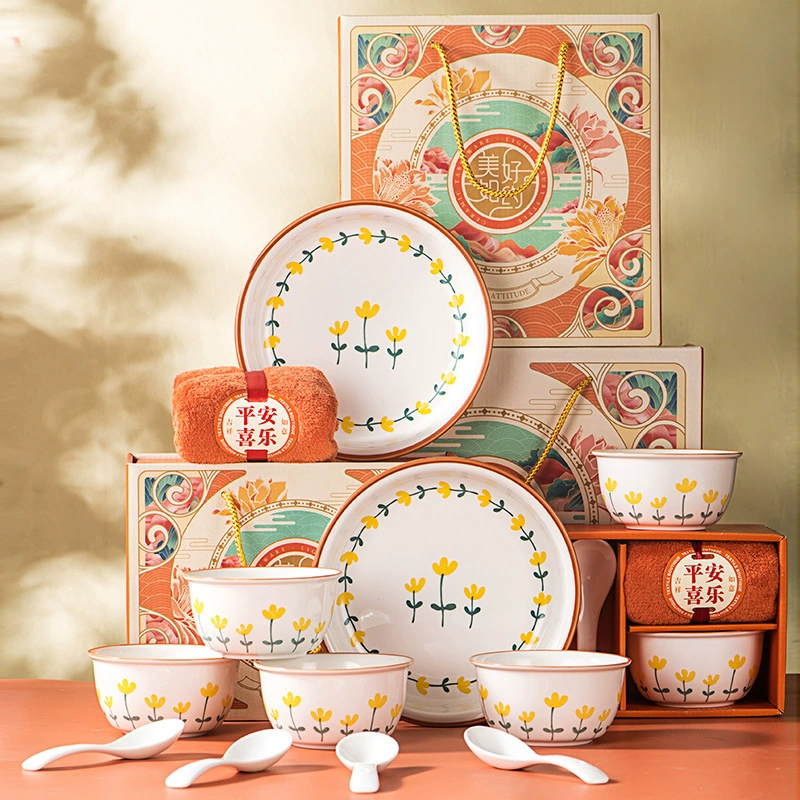 Ceramic tableware gift set, mountain chrysanthemum pattern, bowls and spoons in gift box