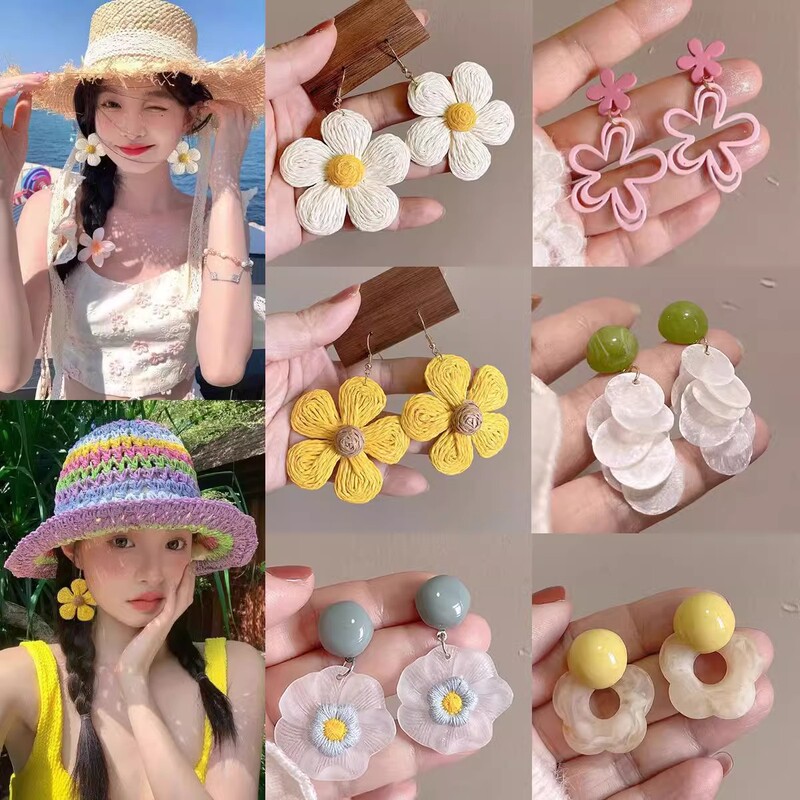 Dopamine Woven Flower Earrings for Women, Seaside Vacation Style Accessories, Tassel Ear Studs, Light Luxury High-End Ear Clips and Earrings Dopamine Woven Flower Earrings for Women, Seaside Vacation Style Accessories, Tassel Ear Studs, Light Luxury High-End Ear Clips and Earrings