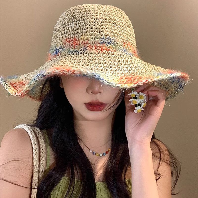 彩色编织草帽女夏季海边度假遮阳防晒帽透气镂空大帽檐显脸小帽子|undefined