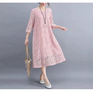 2022夏装新款女文艺显瘦蕾丝长裙七分袖连衣裙