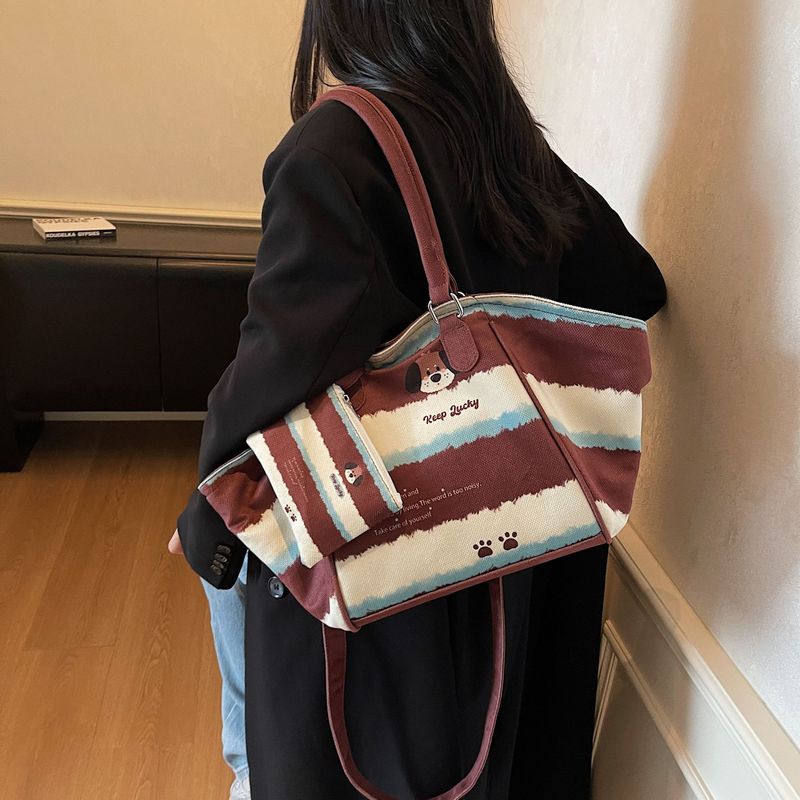 撞色条纹大包包女2025新款秋季时尚腋下包休闲帆布单肩斜挎托特包|undefined