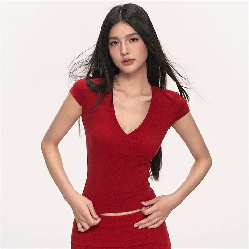 Burgundy Pure Desire Sexy Hot Girl Deep V-Neck T-Shirt Women's Summer Short Slim Fit Bottoming Shirt Short-Sleeved Casual Top