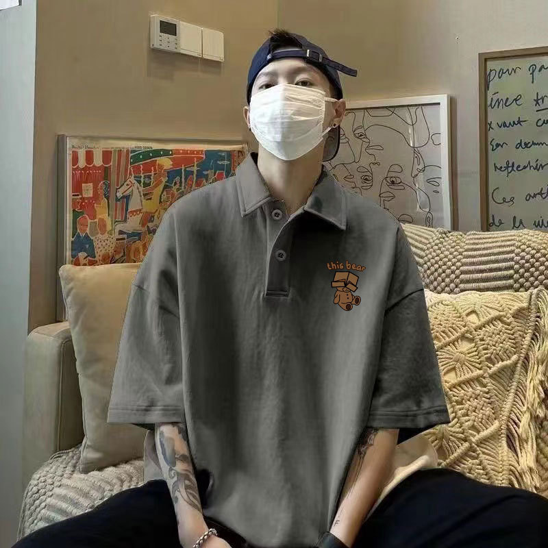 Dark Gray Lapel Polo Shirt Men's Spring Hong Kong Style Loose Short-Sleeved T-Shirt Simple and Versatile Youth Half-Sleeved Top