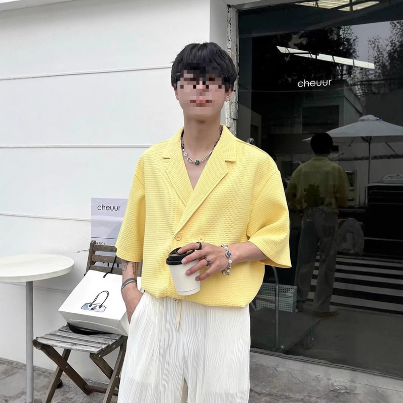 Summer Klein Blue Design Short-Sleeved Shirt Men's Loose Waffle Check Cuban Collar Suit Shirt Trendy Style