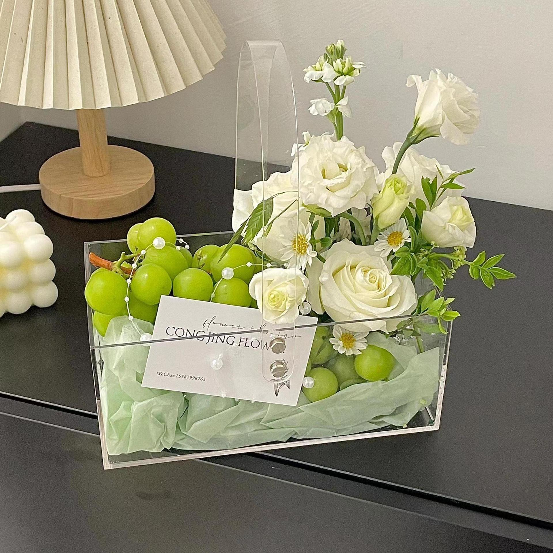 亚克力花盒全透明长方形手提花盒鲜花水果花束包装盒生日礼物