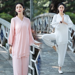 Real Shot of 2022 Ethnic Style New Cotton and Linen Zen Suit 7-Quarter Sleeve Top Elastic Waist Pants Two-Piece Set